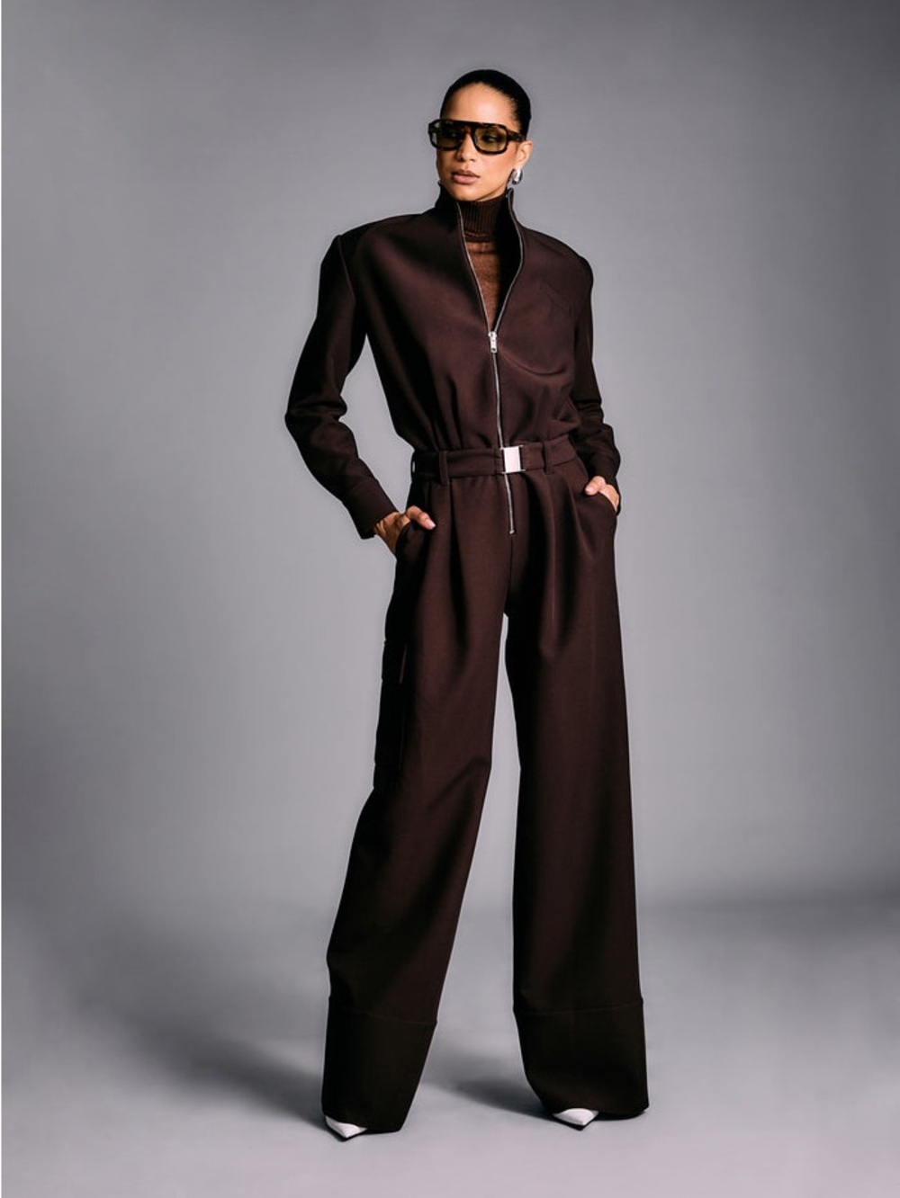 SEROYA Vera Heavy Crepe Wide-Leg Dark Brown Jumpsuit with Belt NWT Small